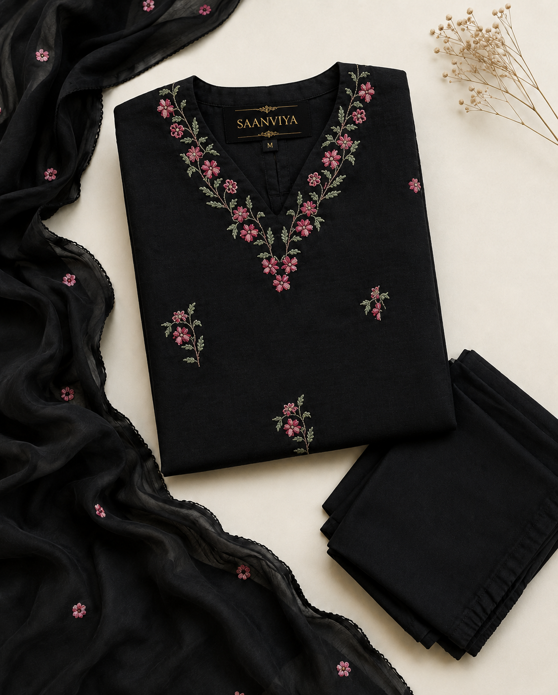 Black Pink Embroidered Kurta Set