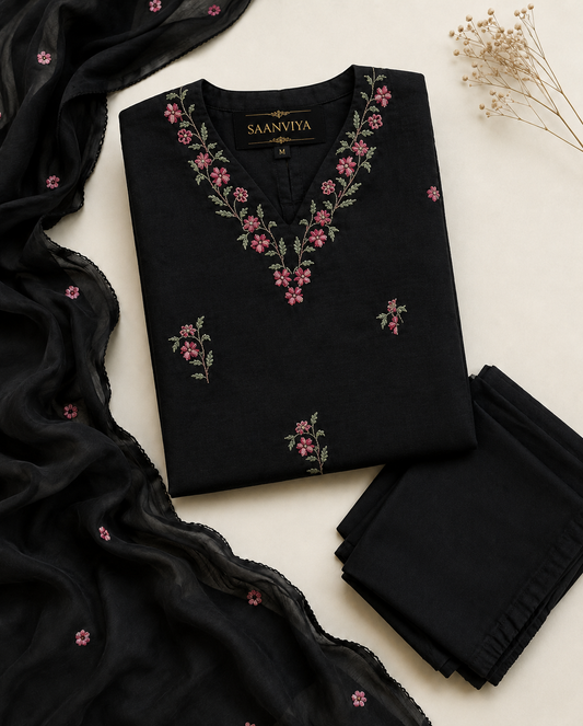 Black Pink Embroidered Kurta Set
