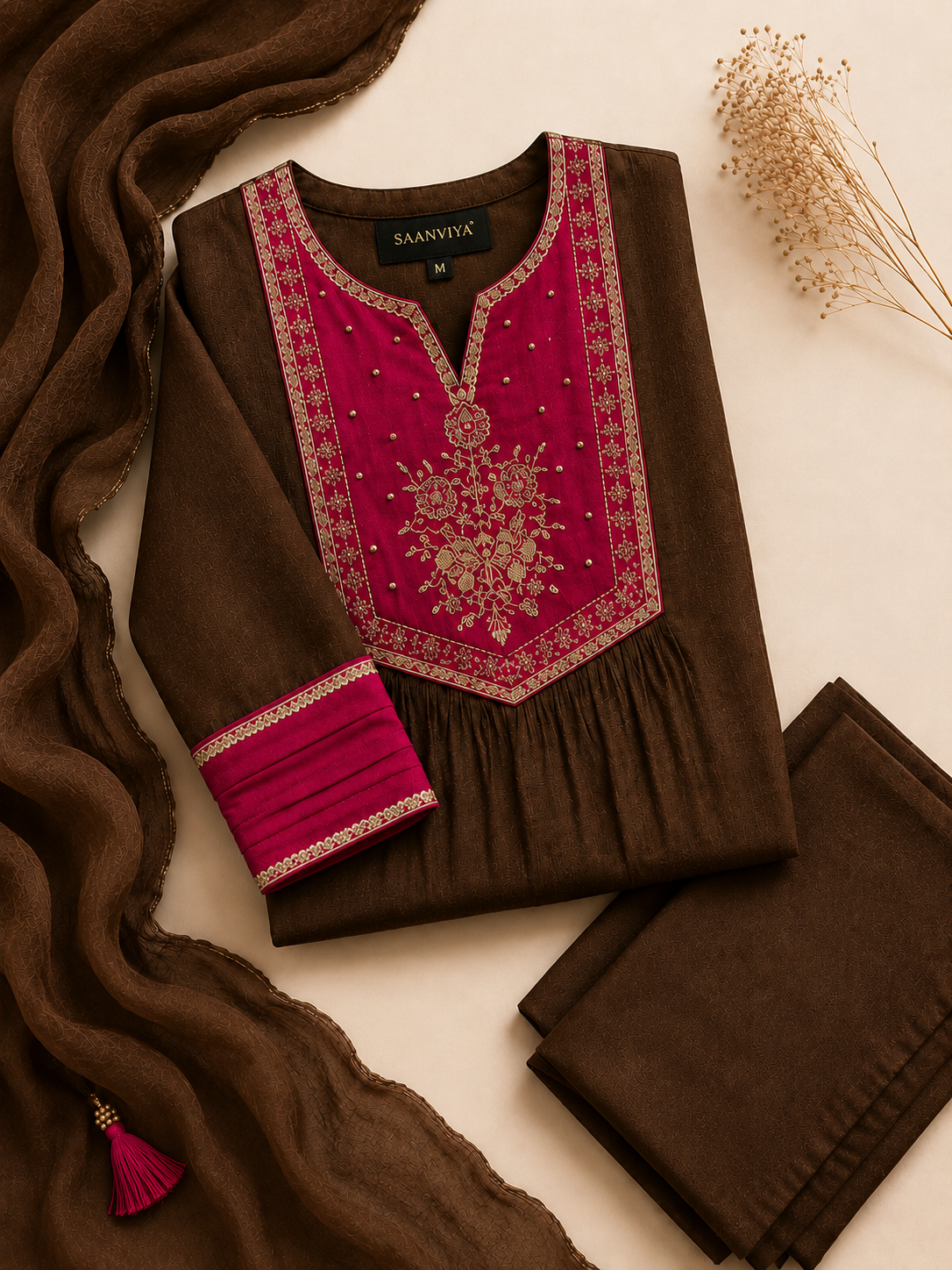 Brown Pink Mulchanderi Kurta Set