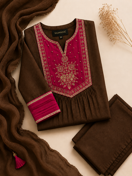 Brown Pink Mulchanderi Kurta Set