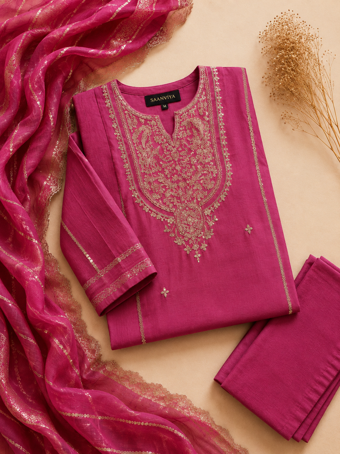 Fuchsia Pink Embroidered Kurta Set