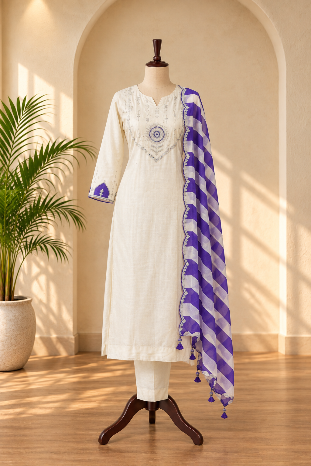 Ivory Purple Russian Silk Kurta Set
