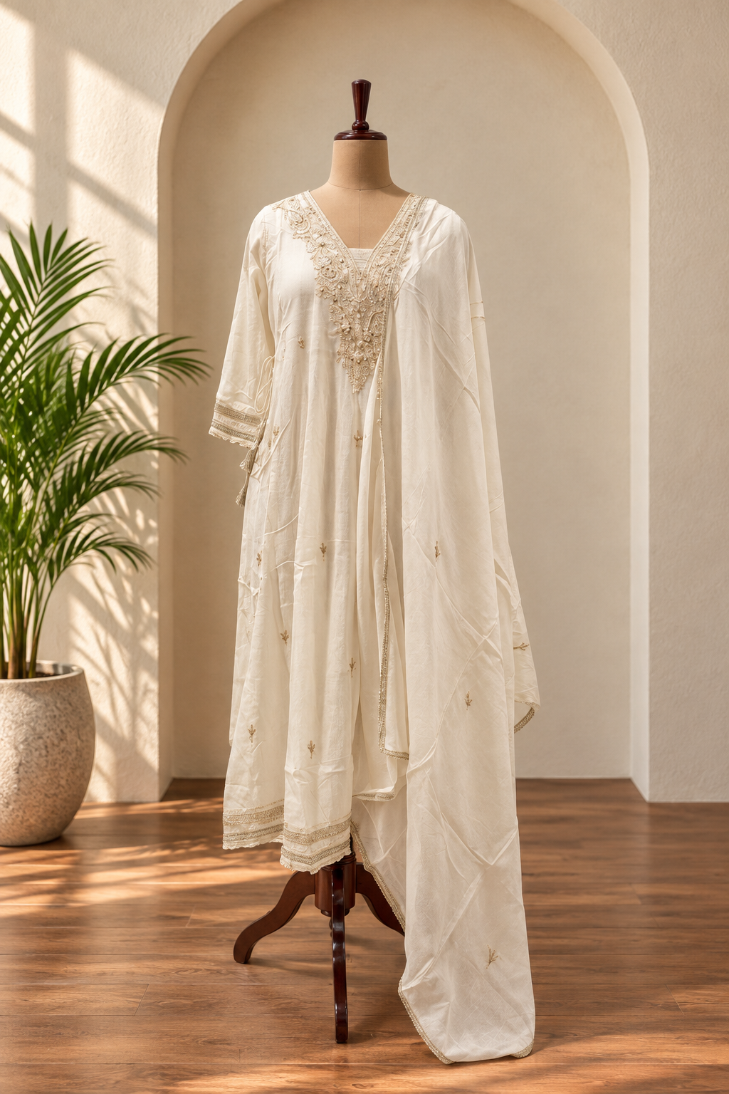 Ivory With Gold Lace Anarkali Set