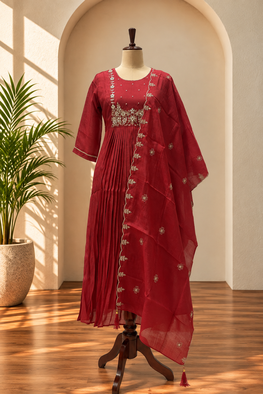 Maroon Embroidered Anarkali Set