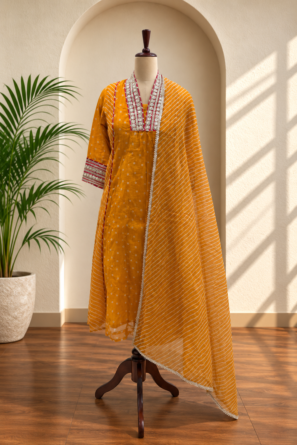 Mustard Leheriya Kurta Set