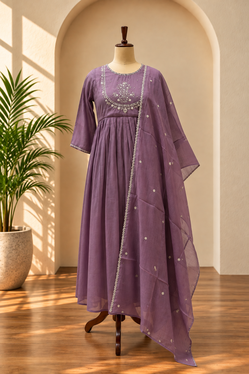 Plum Banaras Mulchanderi Anarkali Set