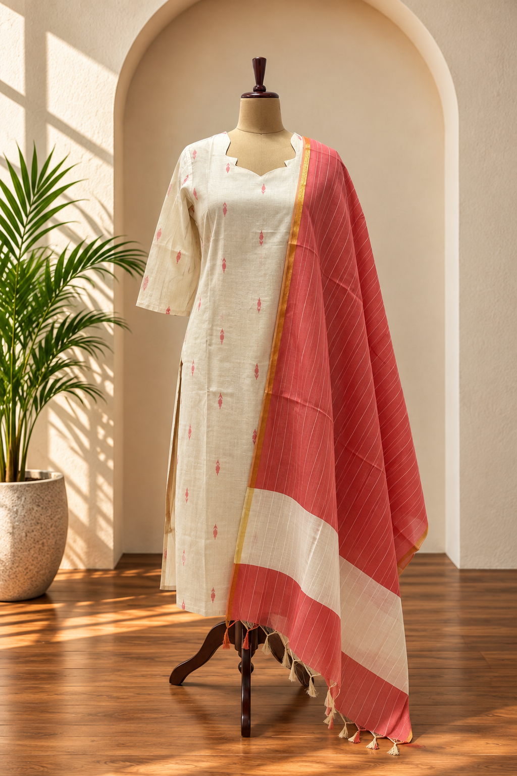 Raw Silk Kurta Set With Coral Dupatta