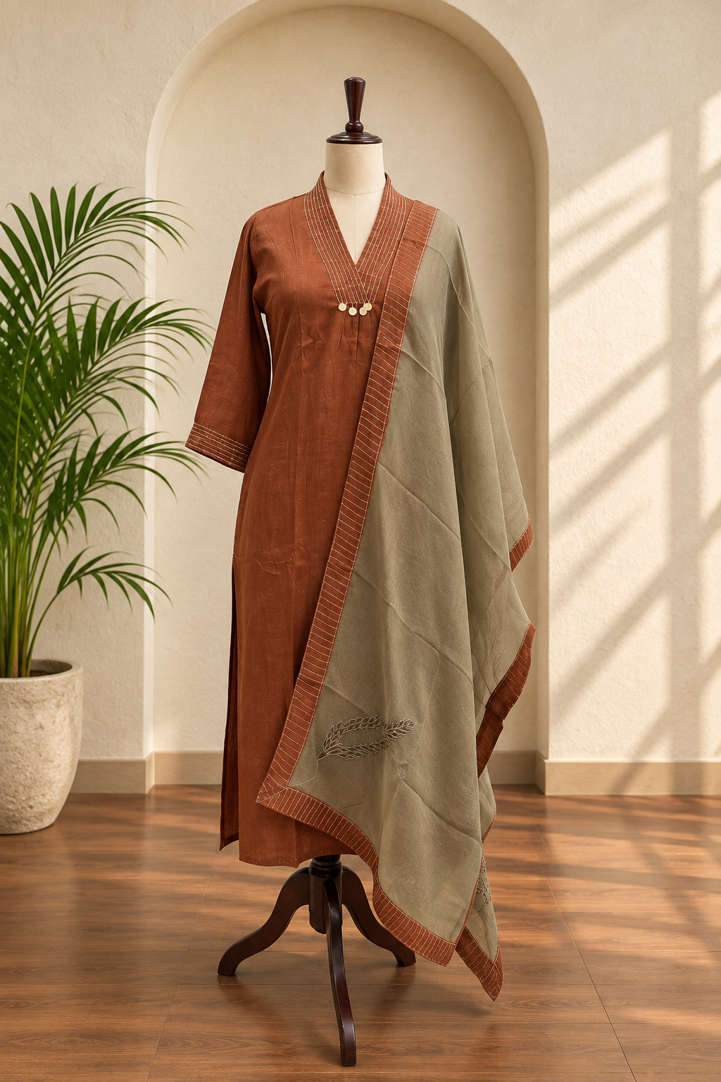 Rust Brown Kurta with Olive Dupatta Set