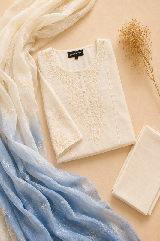 White & Blue Kurta Set
