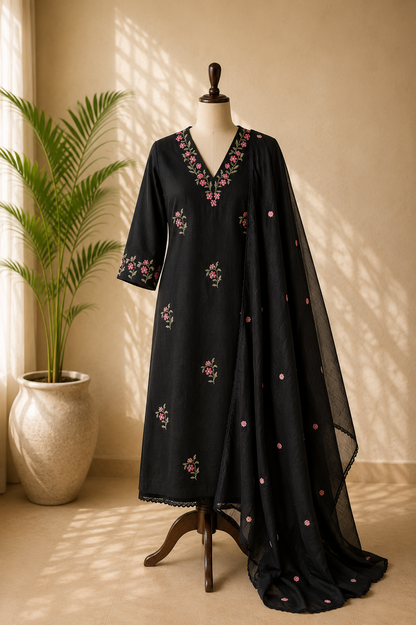 Black Pink Embroidered Kurta Set