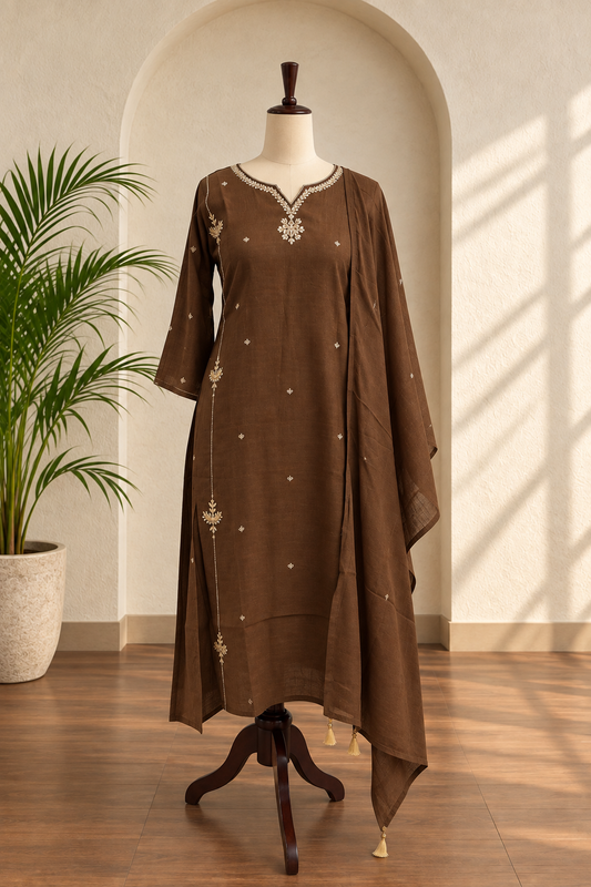 Brown Mul-Chanderi Kurta Set