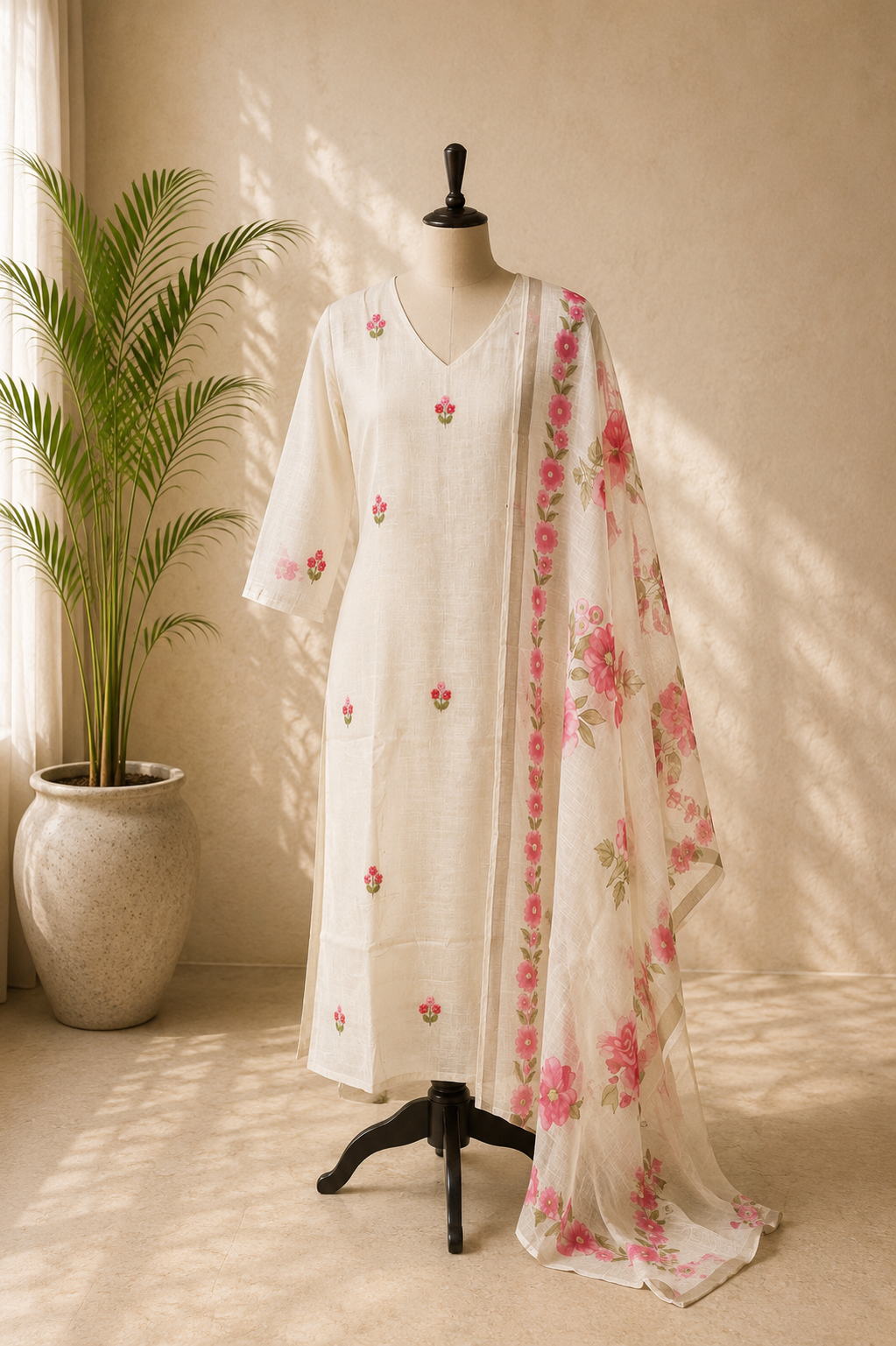 Ivory Embroidered Floral Dupatta Kurta Set