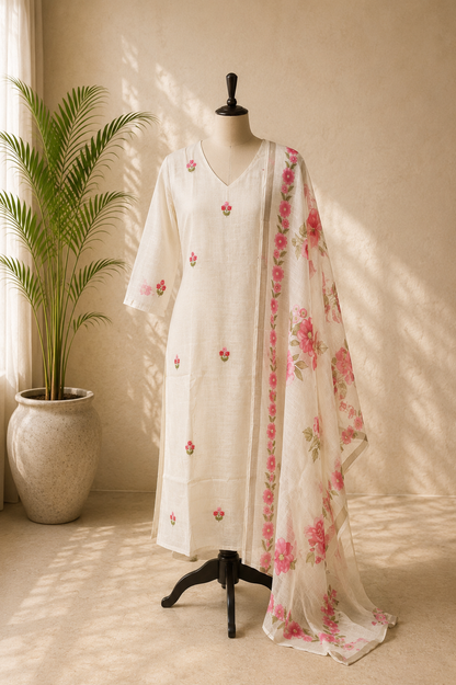 Ivory Embroidered Floral Dupatta Kurta Set