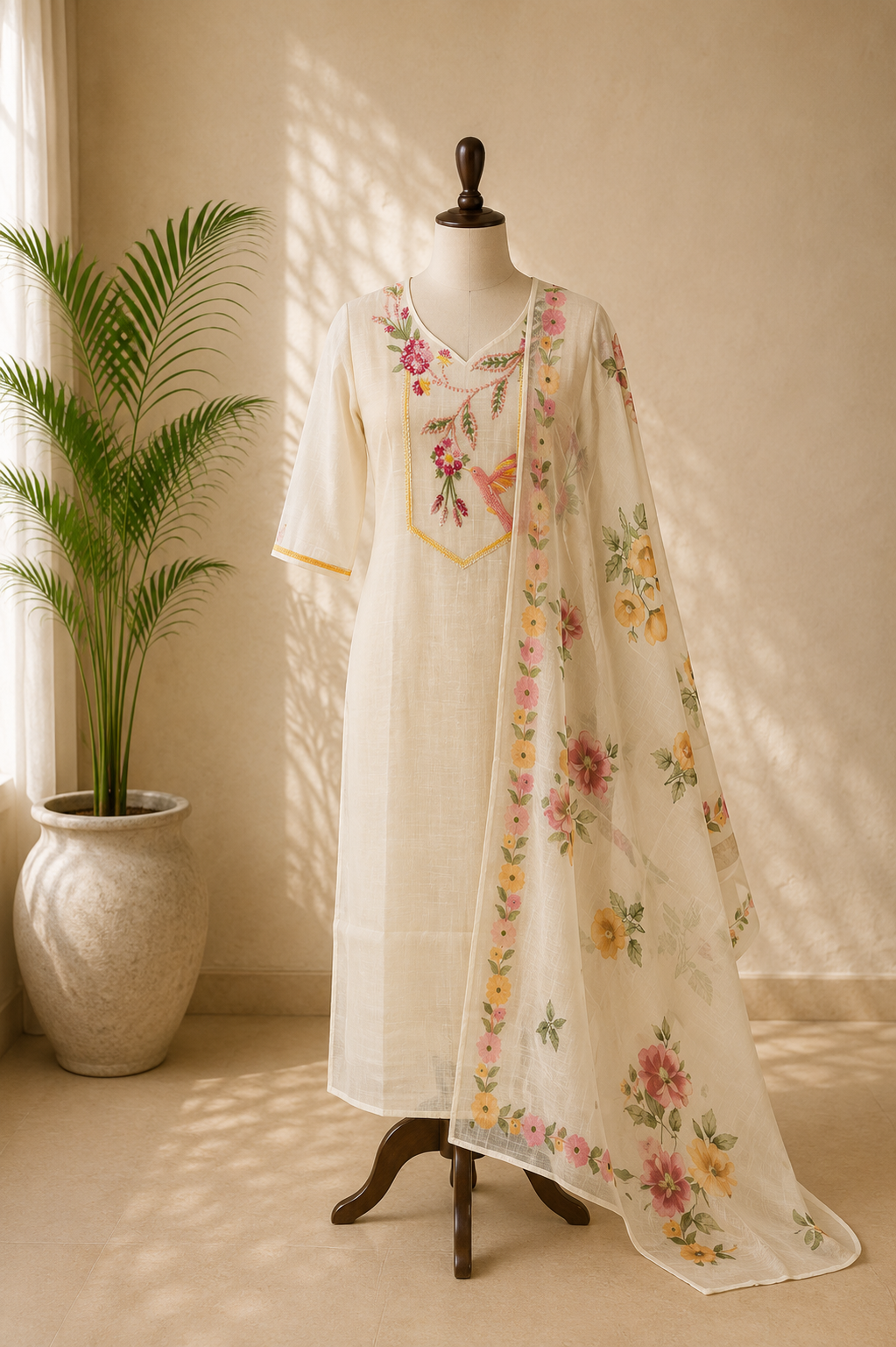 Ivory Floral Embriodered Kurta Set