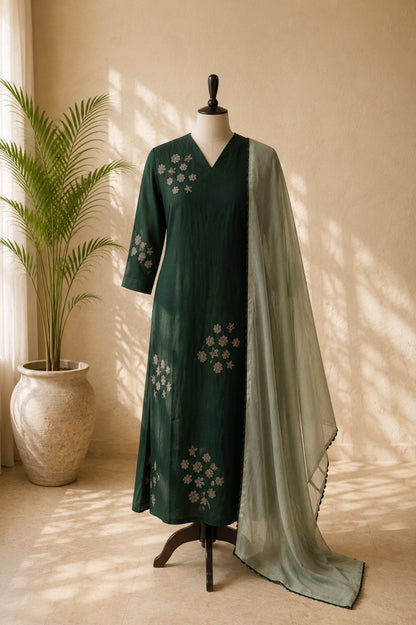 Dark Green Embroidered Kurta Set