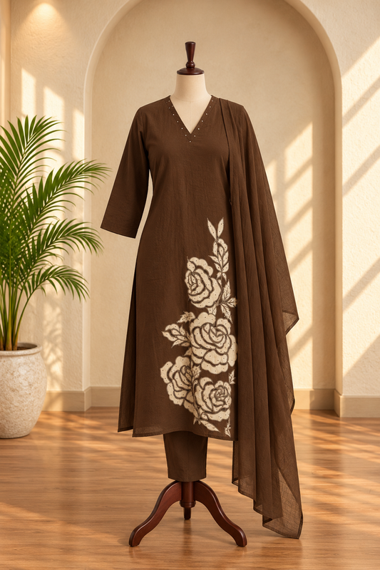 Dark Brown Patch work Kurta Set