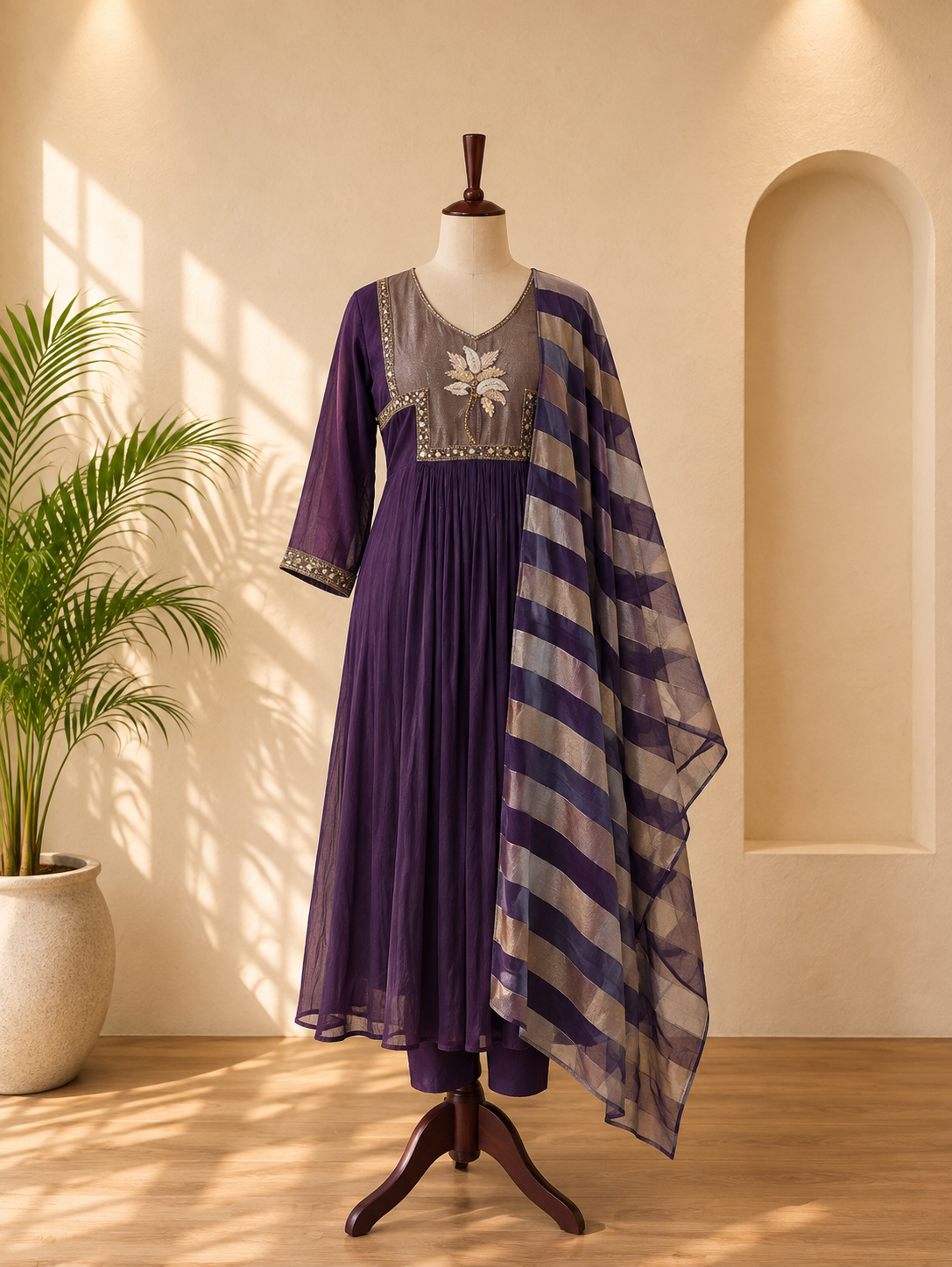 Dark Purple Embroidered Work Kurta Set