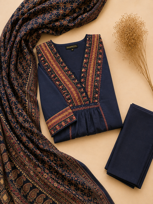 Blue Ajrak Kurta Set