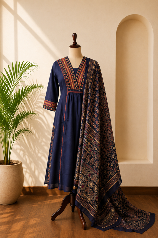 Blue Ajrak Kurta Set