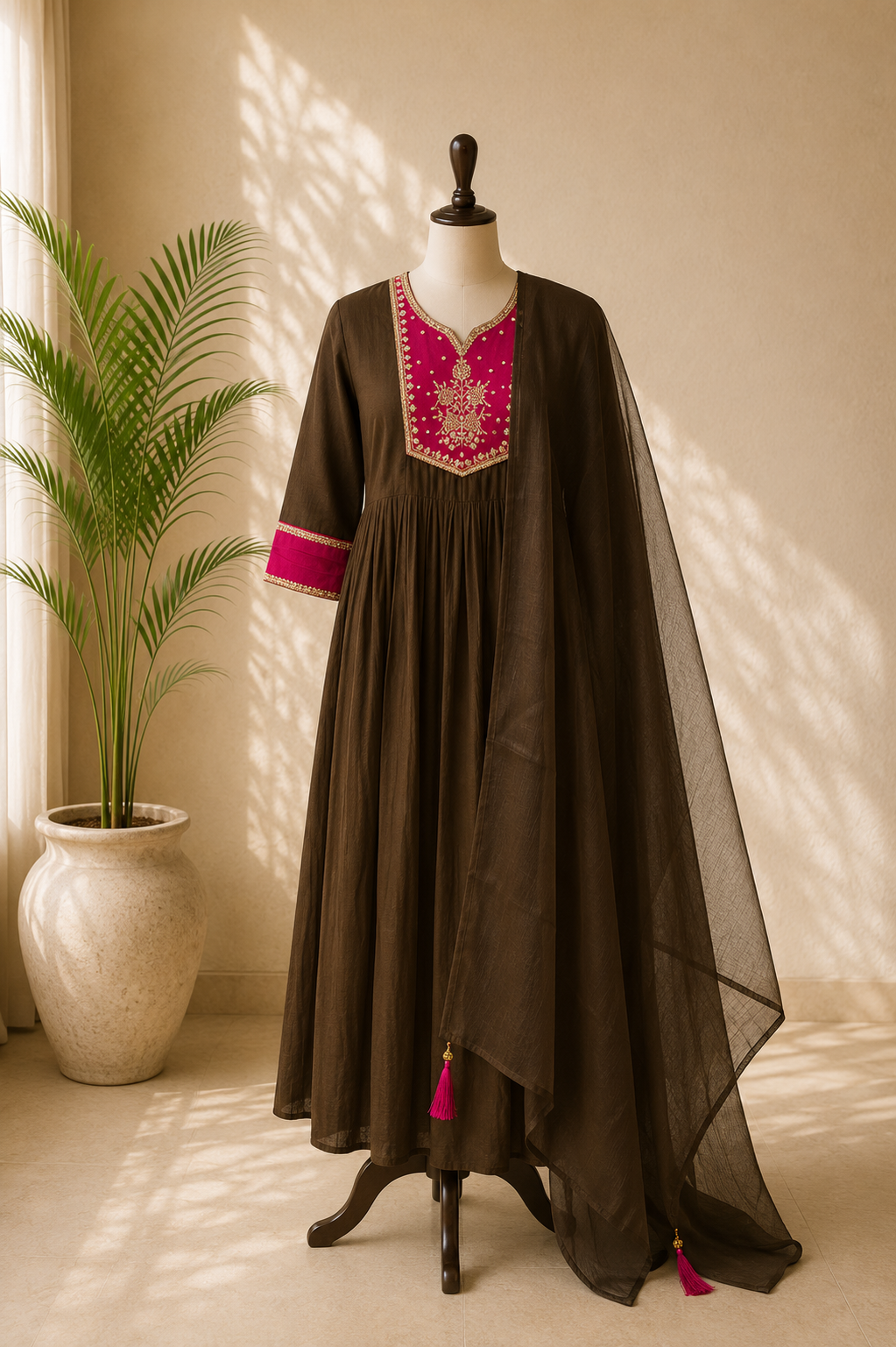 Brown Pink Mulchanderi Kurta Set