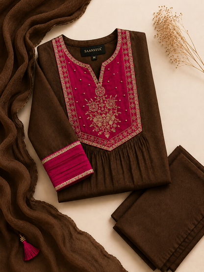Brown Pink Mulchanderi Kurta Set