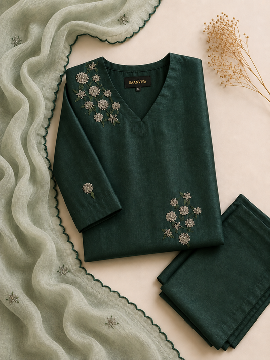 Dark Green Embroidered Kurta Set