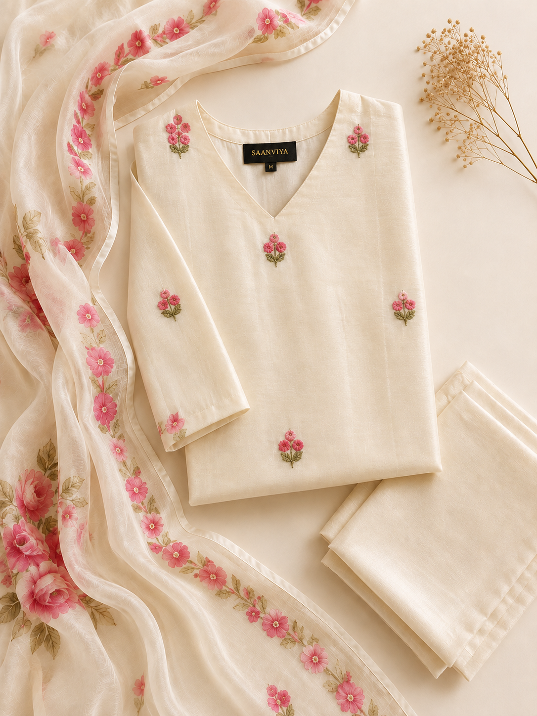 Ivory Embroidered Floral Dupatta Kurta Set