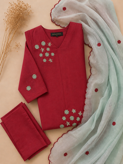 Red & Green Mulkota Kurta Set