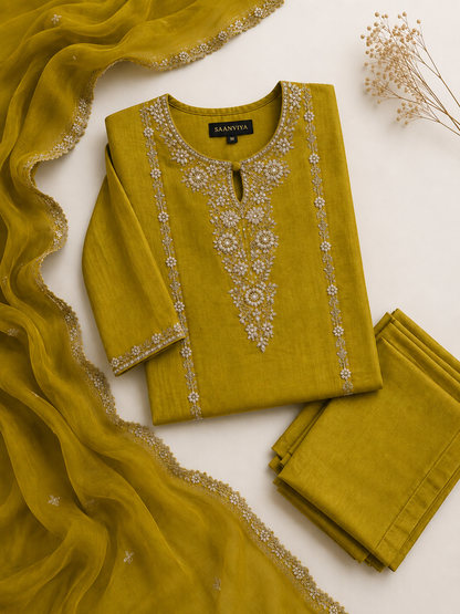Mustard Mulchanderi kurta set
