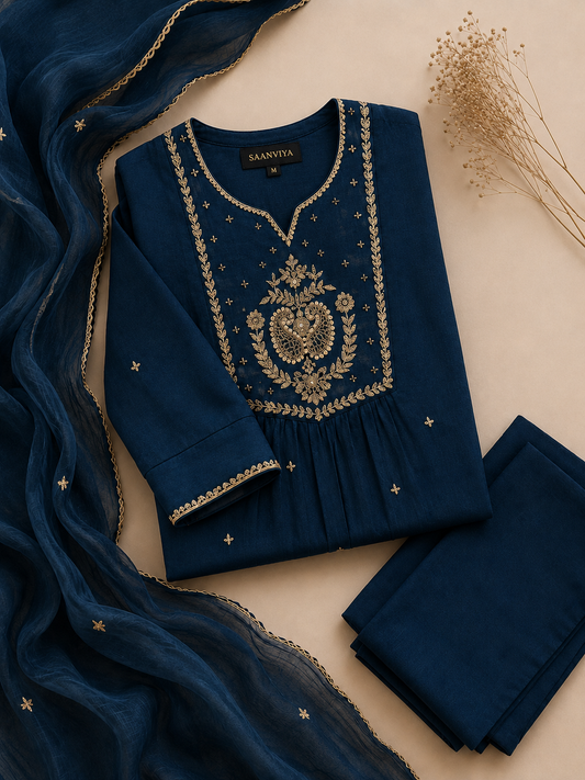 Midnight Blue Gold Embroidered Anarkali set