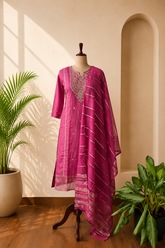 Fuchsia Pink Embroidered Kurta Set