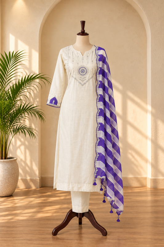 Ivory Purple Russian Silk Kurta Set