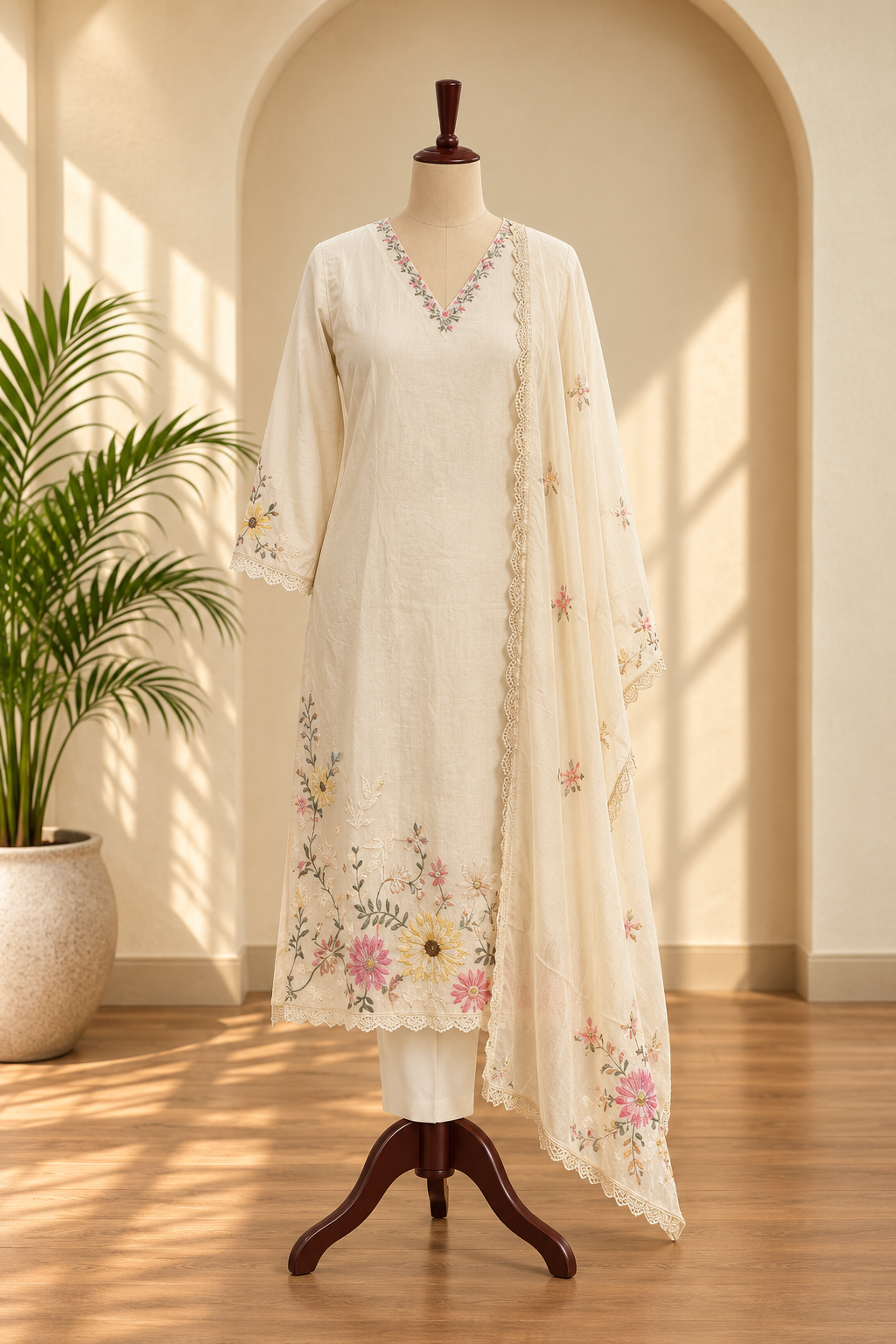 Ivory Thread Work Floral  Kurta Set