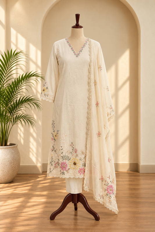 Ivory Thread Work Floral  Kurta Set