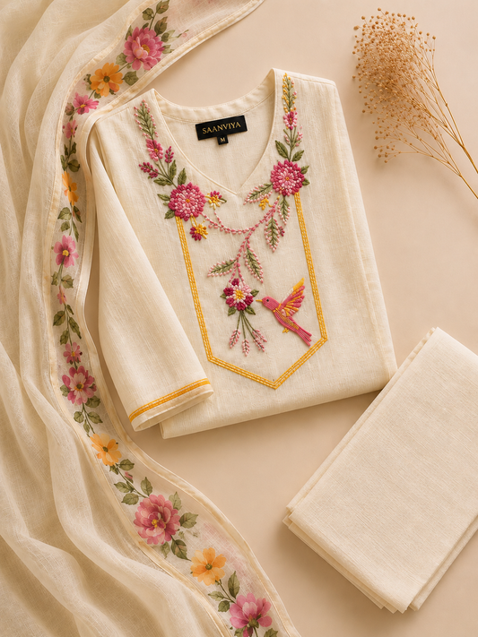 Ivory Floral Embriodered Kurta Set
