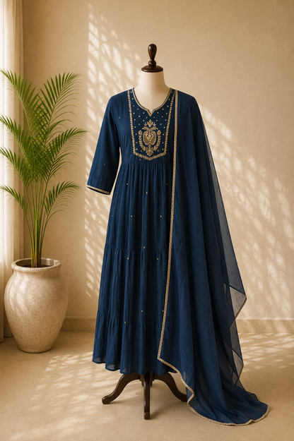 Midnight Blue Gold Embroidered Anarkali set