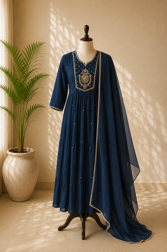 Midnight Blue Gold Embroidered Anarkali set