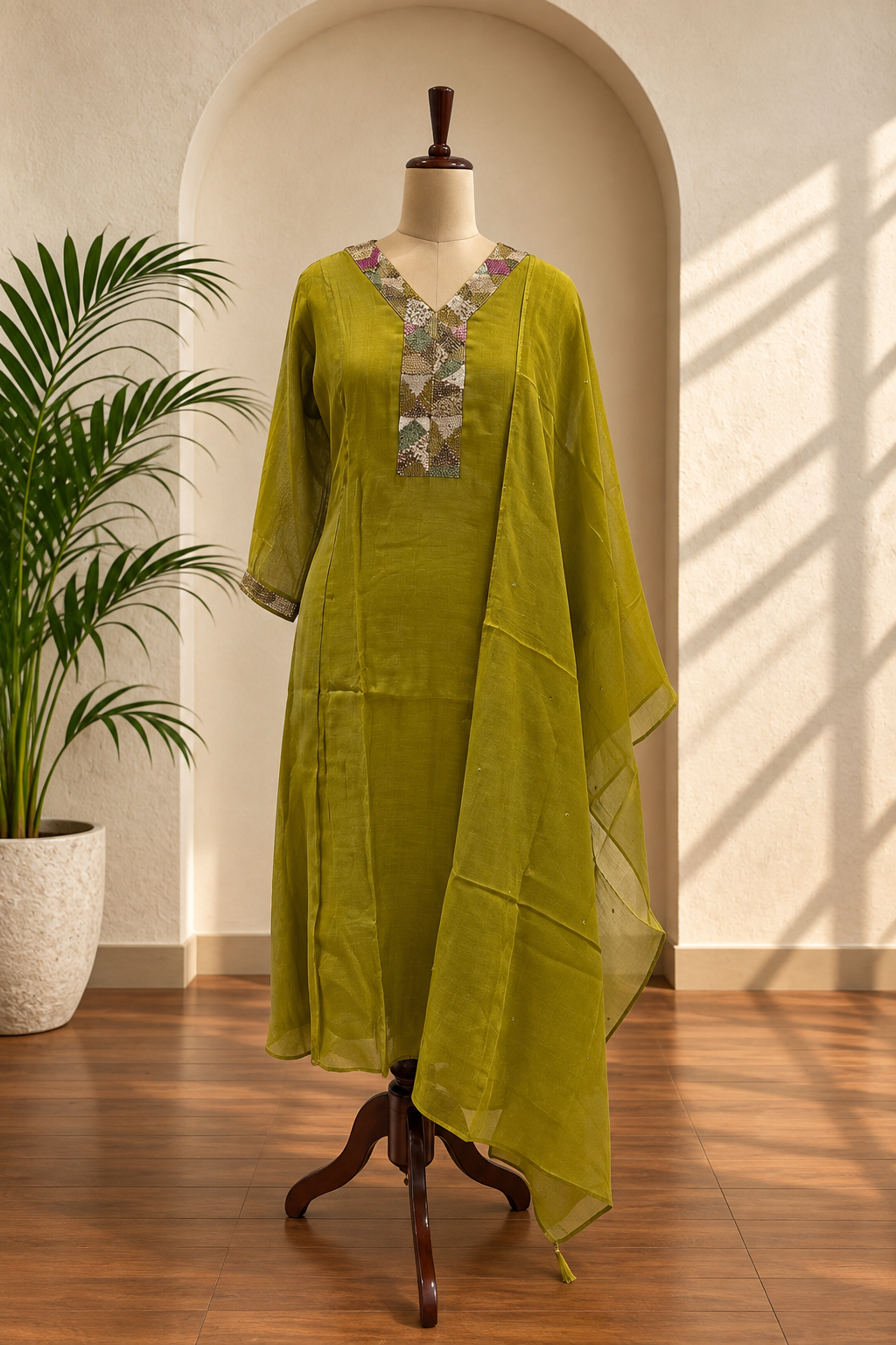Olive Green Embroidered Kurta Set