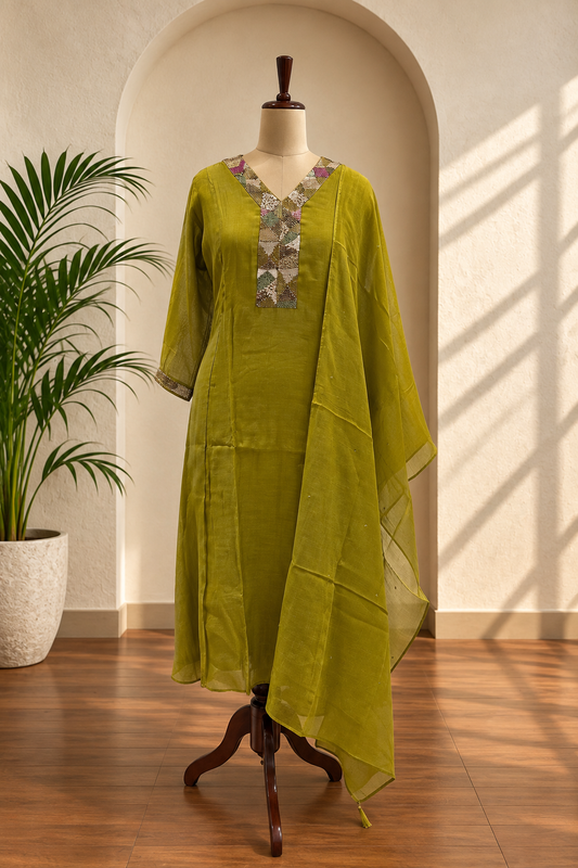 Olive Green Embroidered Kurta Set