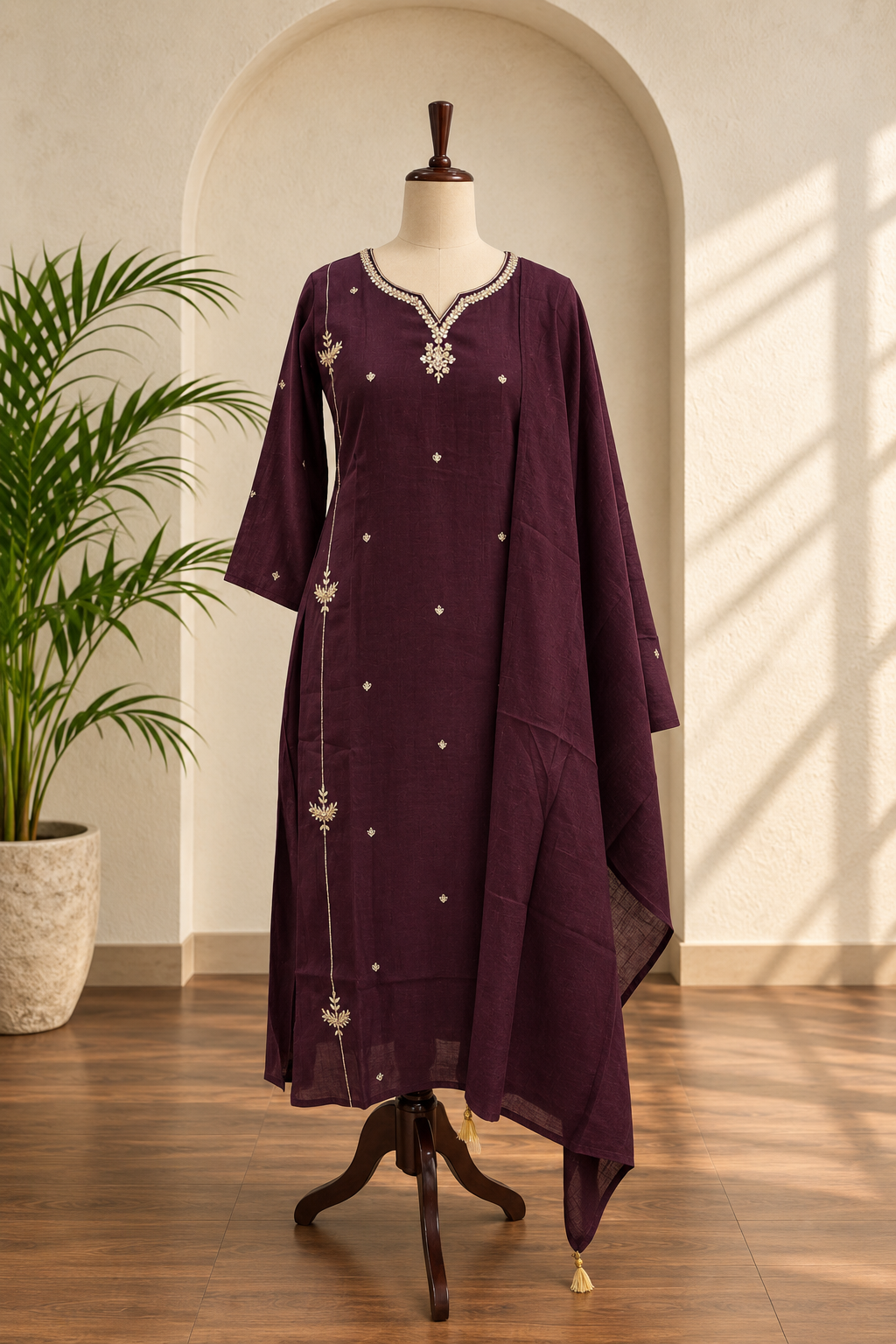 Plum Mul Chanderi Kurta Set