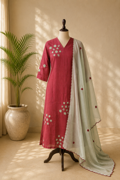 Red & Green Mulkota Kurta Set