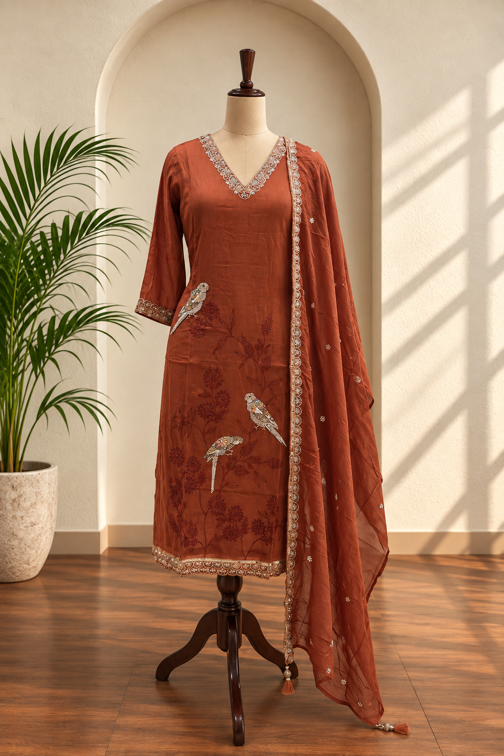 Rust Brown Bird Work Kurta Set