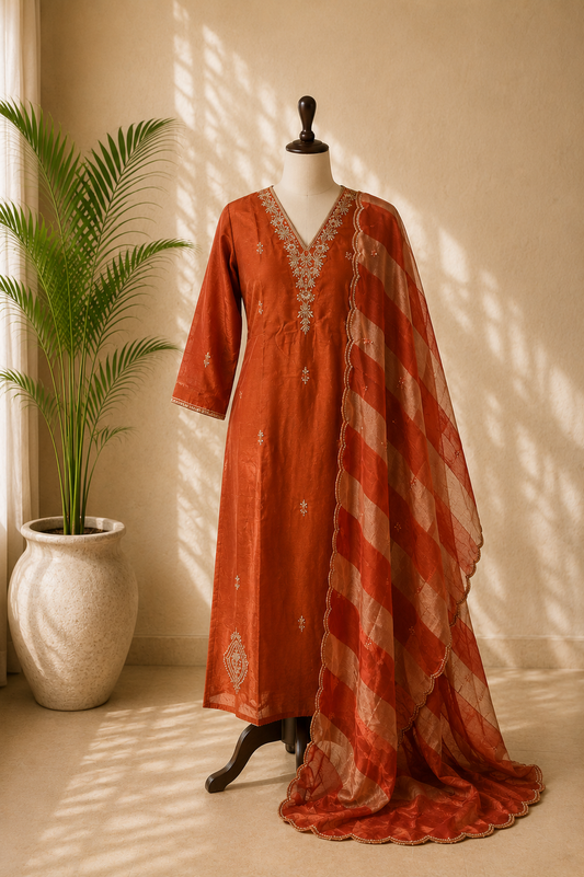 Rust Orange Heavy Work Kurta Set