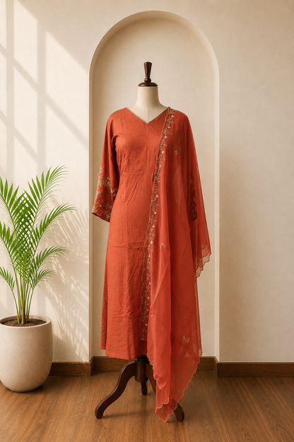 Rust Orange Heavy Work Kurta Set