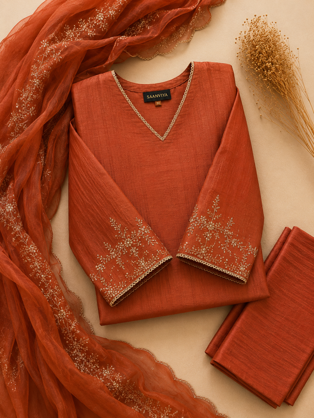 Rust Orange Heavy Work Kurta Set