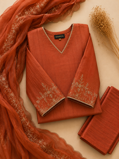 Rust Orange Heavy Work Kurta Set