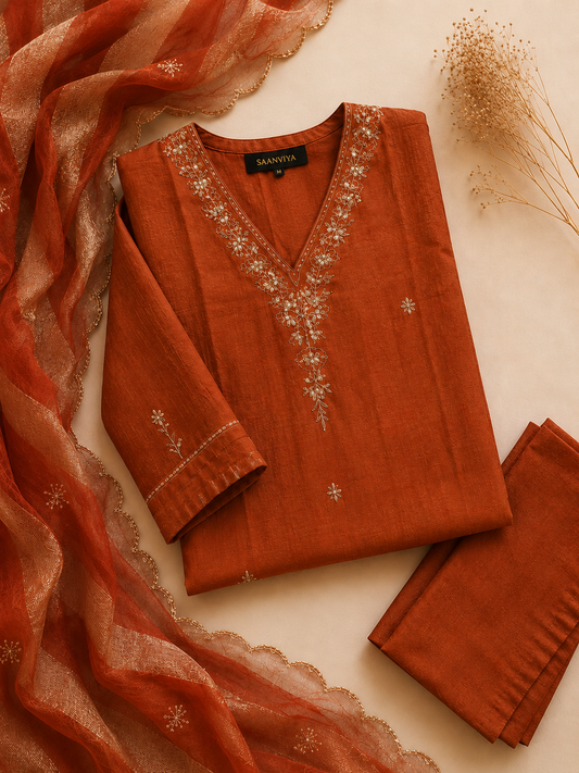 Rust Orange Heavy Work Kurta Set