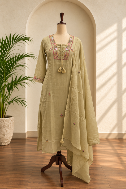 Sage Embroidered Mulchanderi Kurta Set