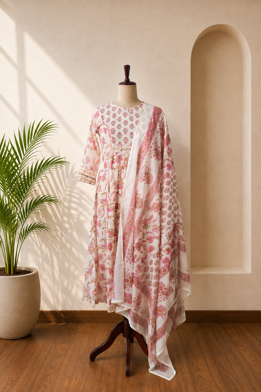 White & Pink Floral Kurta Set